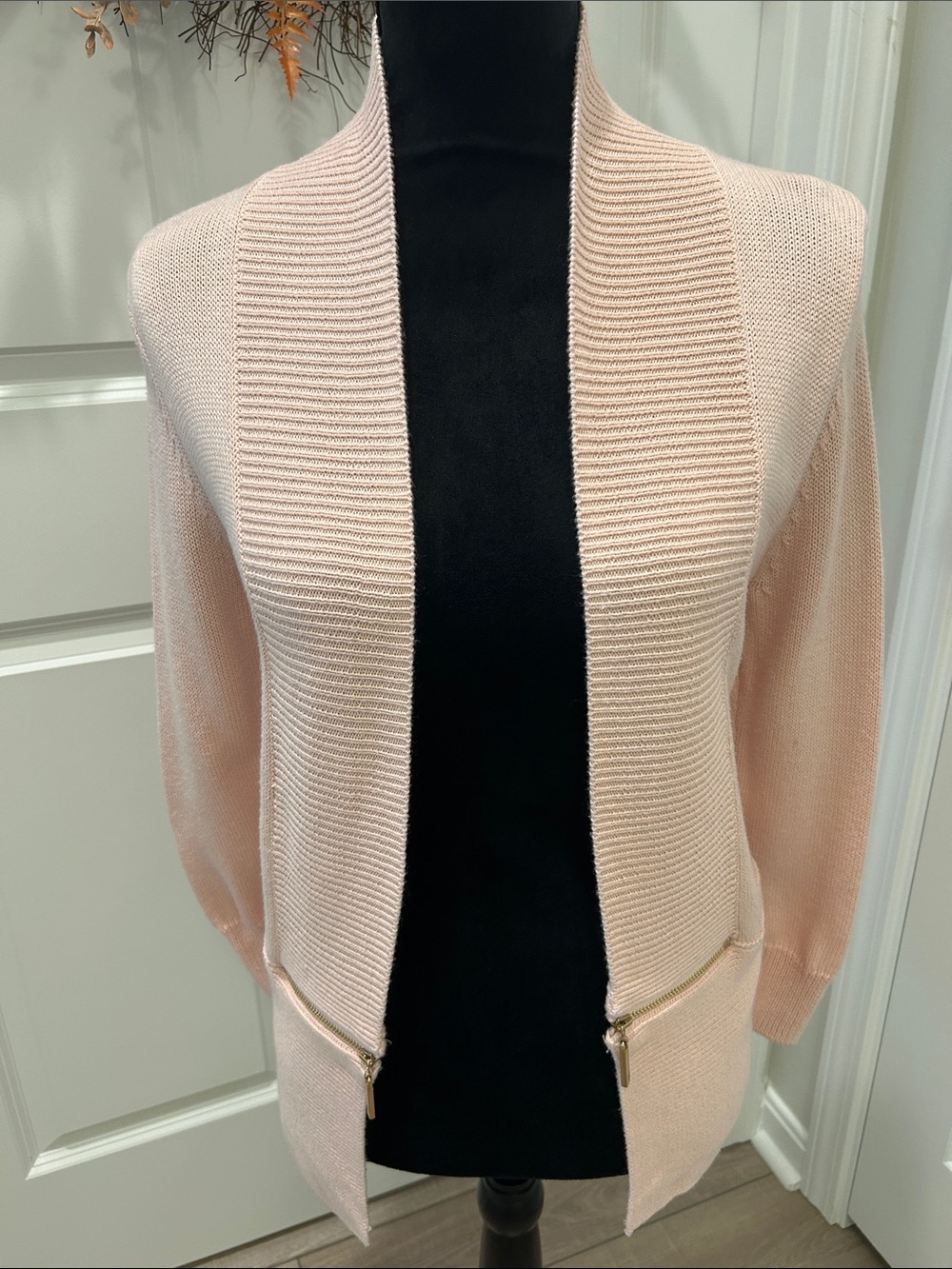 Ivanka Trump Open Front Pink Ribbed Trim Sweater Cardigan Size XS